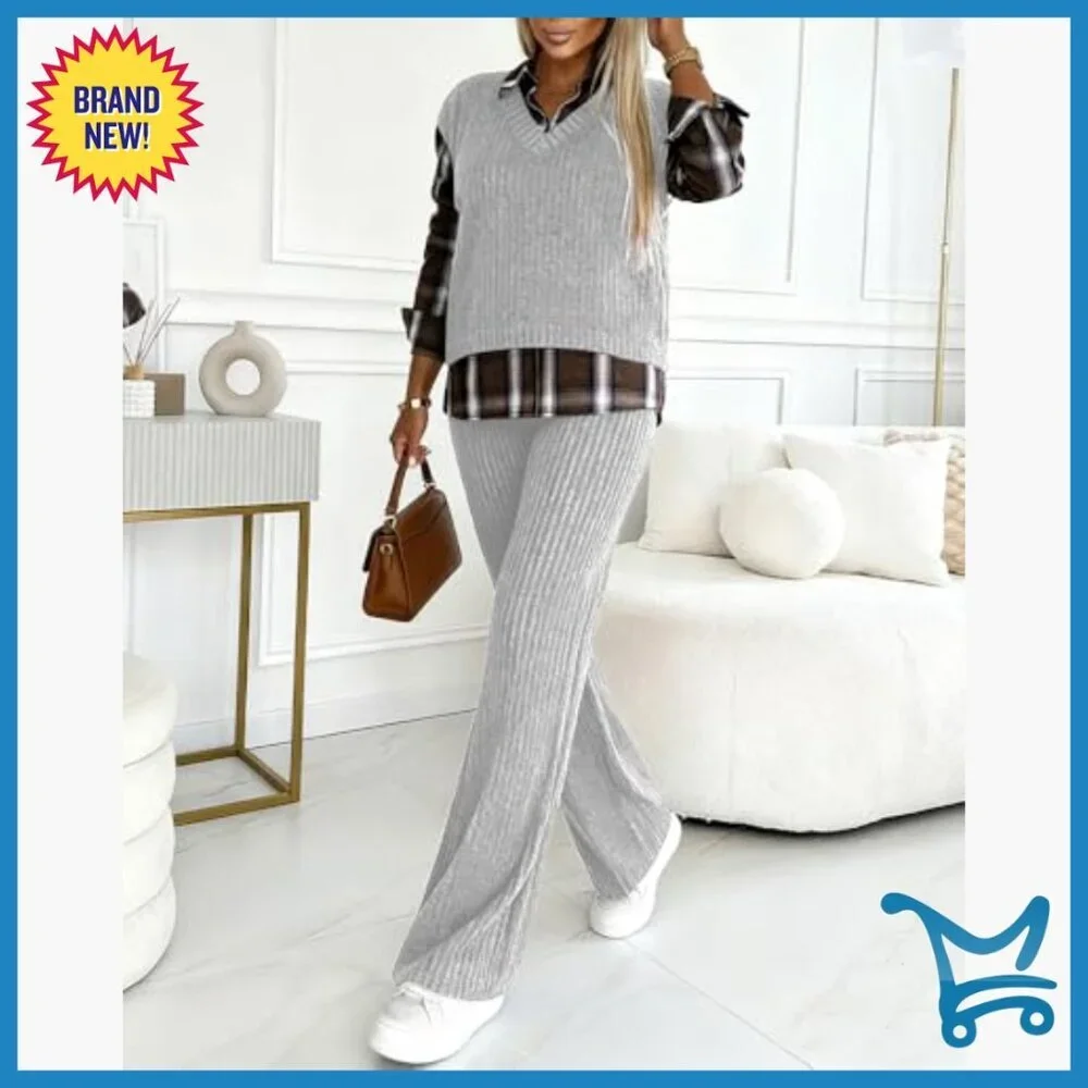 Ribbed Long Sleeve Top and Pants Set, Polyester Blend, X-Large
